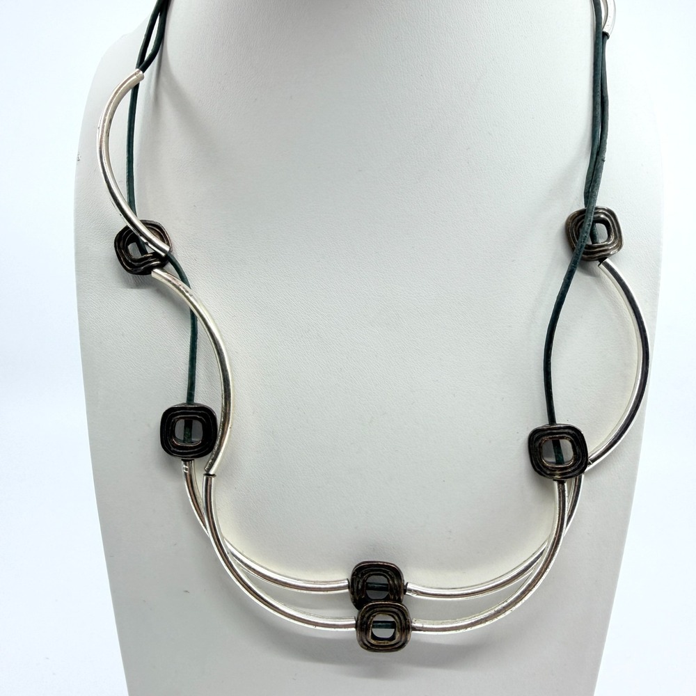 Vintage Handmade in USA Silver Tone Tube Black Leather Cord Collar Necklace